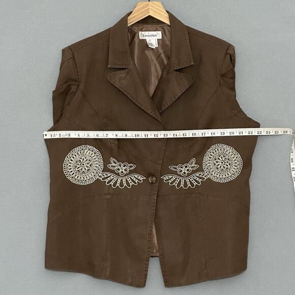 Lino USA Womens Top Plus 1X Brown 100% Linen 2 Piece Embroidered Classic Clasual - Picture 11 of 16